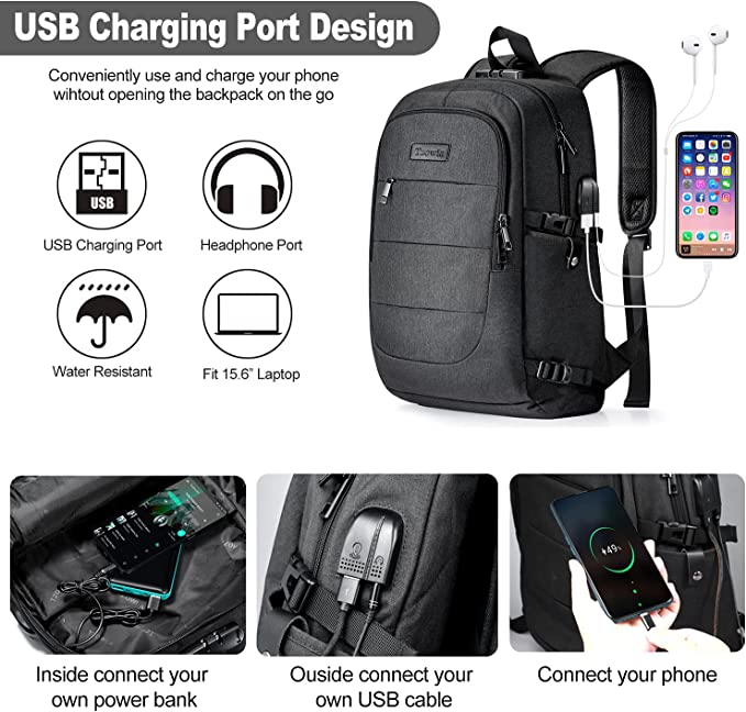 Kannettavan tietokoneen reppu Miesten vedenkestävä varkaudenesto kouluun uni-reppu USB-latausportilla ja lukolla 14/15,6 tuuman kannettavan tietokoneen laukku naisille pojille vapaa-ajan työmatka reppu musta
