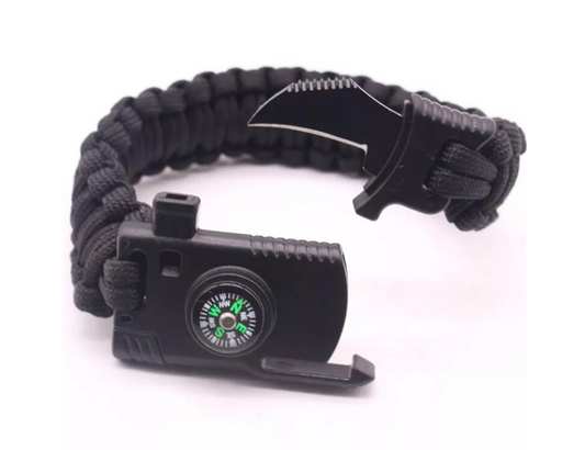 Monitoiminen hätärannekoru veitsellä, merkkipillillä, kompassilla ja piikivillä - selviytymisrannekoru - hätärannekoru - hätäsuunta/hätäpalo - ulkorannekoru - musta