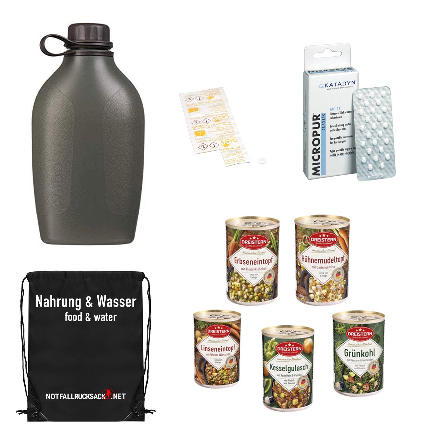 Hätäreppu 2 hengelle - kaksinkertainen sisältö - sis. ruoka, nukkuminen, ensiapu pakoreppu kahdesti