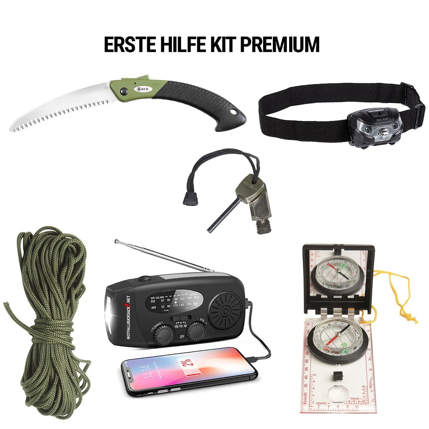 Emergency Backpack Premium Extended (kaksinkertainen ruoka-annos) - Täydellinen selviytymispakkaus aurinkoradiolla