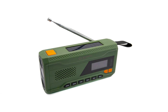ACE-minihätäradio, jossa DAB+, kampi ja aurinkoenergia, virtapankki, taskulamppu ja USB-C-liitäntä