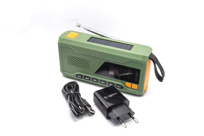 ACE-minihätäradio, jossa DAB+, kampi ja aurinkoenergia, virtapankki, taskulamppu ja USB-C-liitäntä