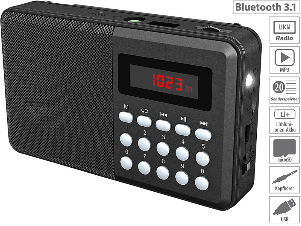 Radio/hätäradio - antenniradio - Bluetooth-toiminto - kaiutinrasia - musiikkiboksi - hätäradio - hätävastaanotto - MP3-soitin - USB, microSD - akku - antenni - miniradio - retkeilyradio/retkeilyboksi