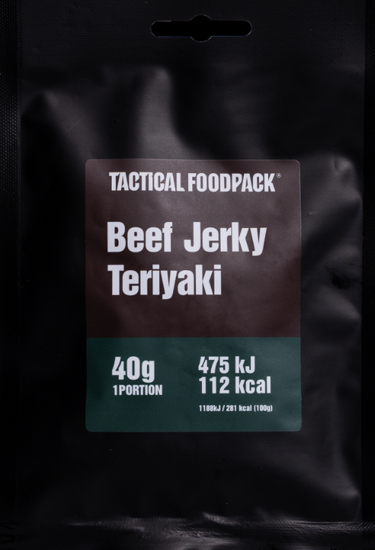 Beef Jerky Teriyaki 40 grammaa (kuivattu liha) - välipala - hätäannos/hätäruoka - hätäannos/hätäruoka - hätäpakkaus/ateriapakkaus - ruoka-annos - selviytymisannos - selviytymisruoka - ravintoaineet/ravinto