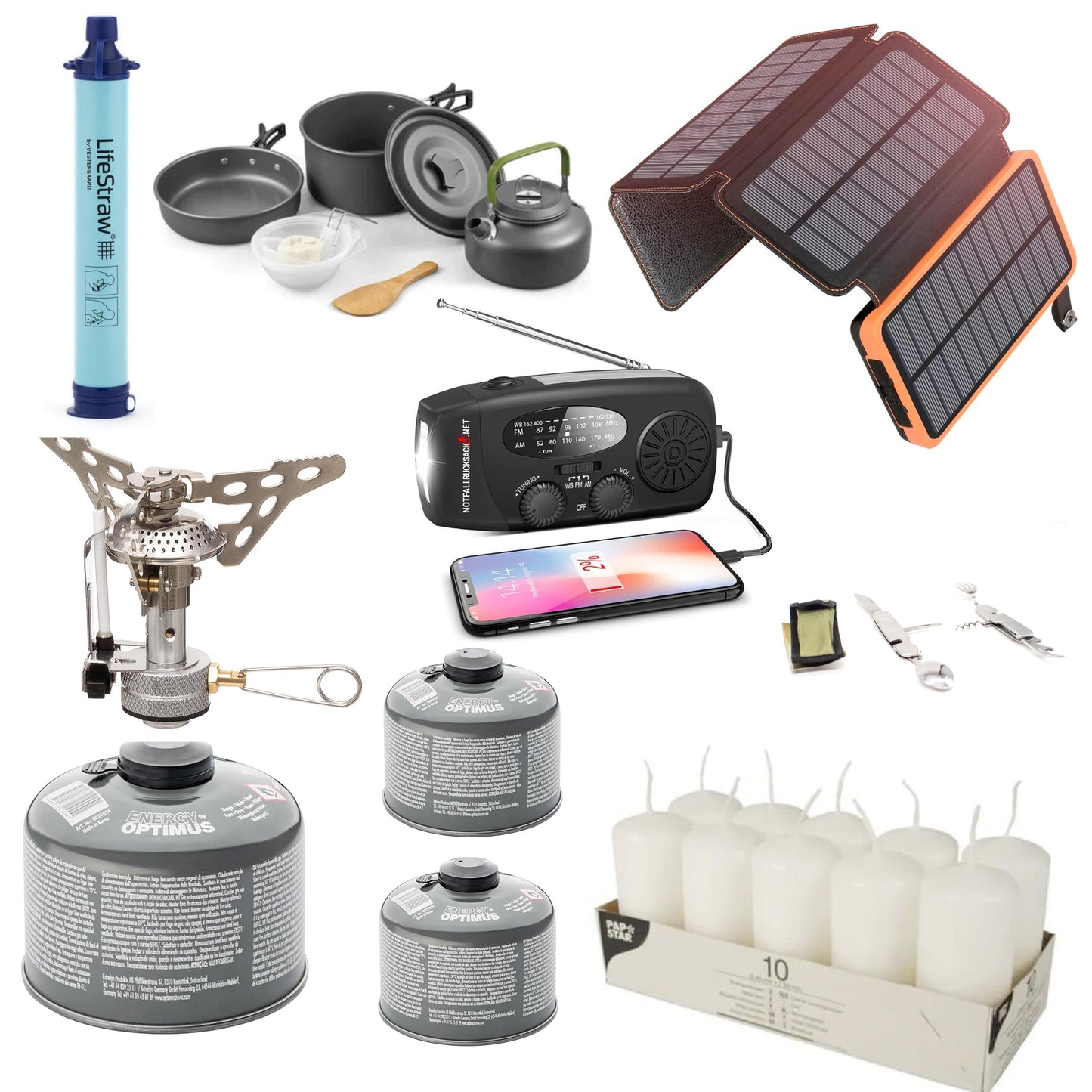 Sähkökatkospaketti Extreme Blackout -sarja - megavoimala, aurinkopaneeli, kaasuliesi, keittosarja, ruokailuvälineet, aurinkopankki, vedensuodatin, kynttilät ja paljon muuta